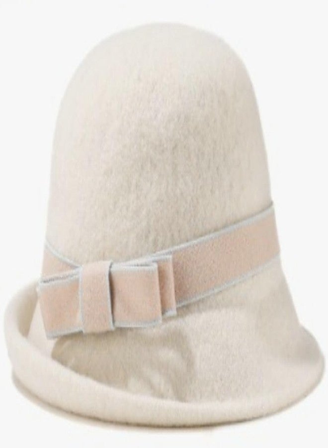 Pocadri Women Vintage Felt Cloche Hats Winter Fall Solid Fedora Bucket Caps Elegant Bowler Hat Bowknot, Beige, One size - Image 5
