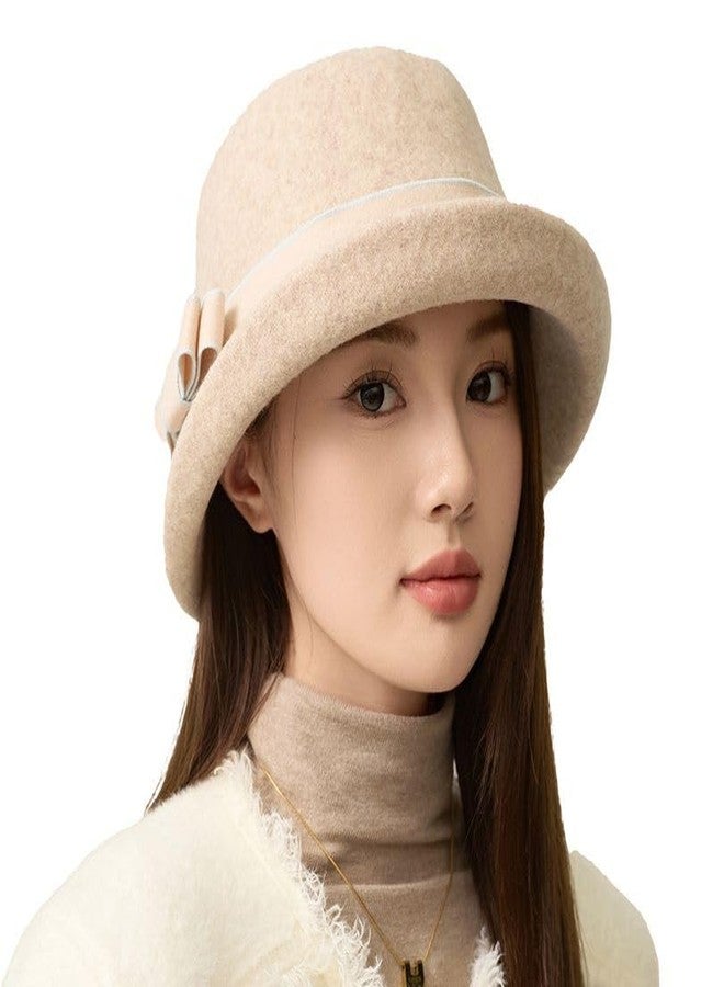 Pocadri Women Vintage Felt Cloche Hats Winter Fall Solid Fedora Bucket Caps Elegant Bowler Hat Bowknot, Beige, One size - Image 1
