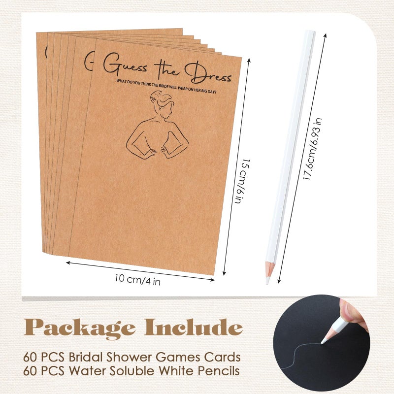 Sinload 60 Sets Guess the Dress Bridal Shower Games for Guests Include 60 Pcs Wedding Shower Games Cards and 60 Pcs Pencils Fun Wedding Party Supplies Games Ideas (Brown,Long Pencil) - Image 2