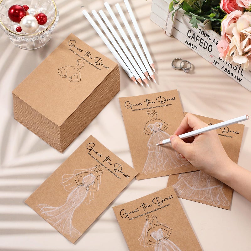 Sinload 60 Sets Guess the Dress Bridal Shower Games for Guests Include 60 Pcs Wedding Shower Games Cards and 60 Pcs Pencils Fun Wedding Party Supplies Games Ideas (Brown,Long Pencil) - Image 3