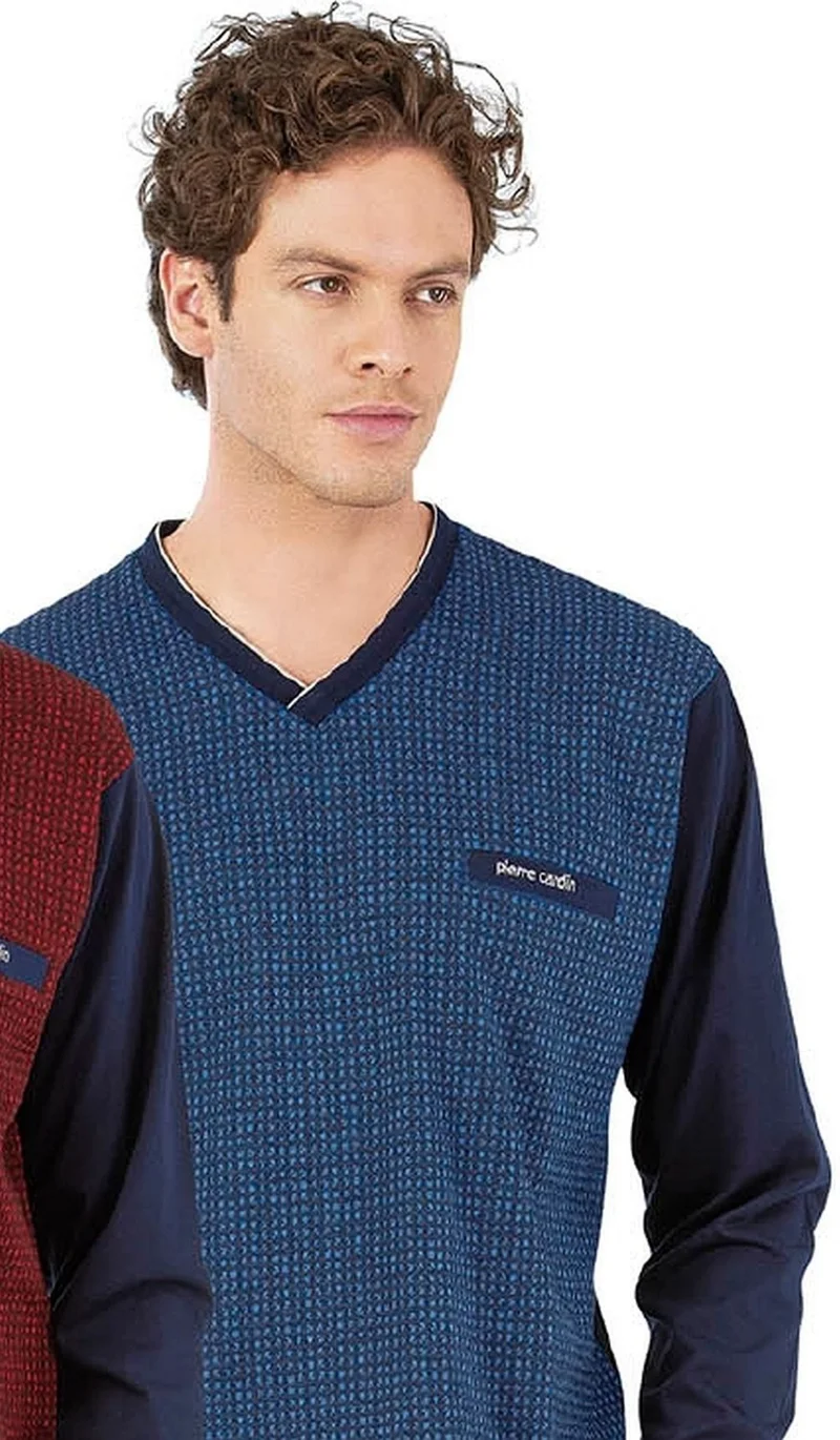 بيير كاردان 6058 Men's Long Sleeve V-Neck Pajama Set-Sax