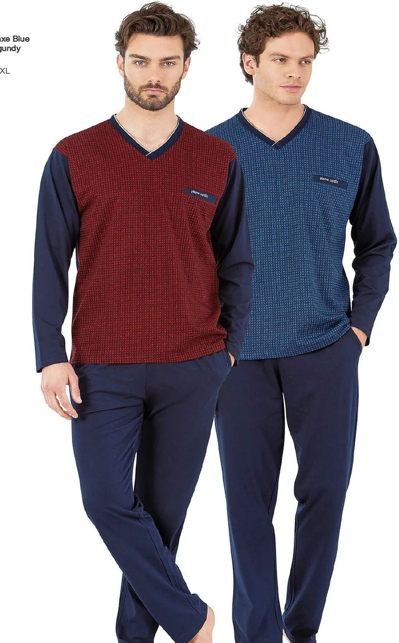 بيير كاردان 6058 Men's Long Sleeve V-Neck Pajama Set-Sax