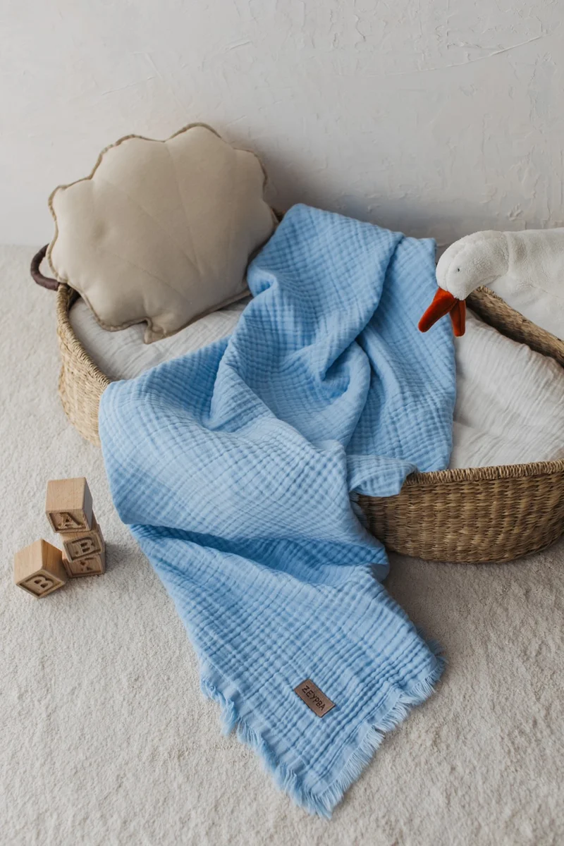 Zeypba 100% Cotton Baby Blue Muslin 4-layer Muslin Baby & Child Muslin Blanket 100% Cotton 110X110CM