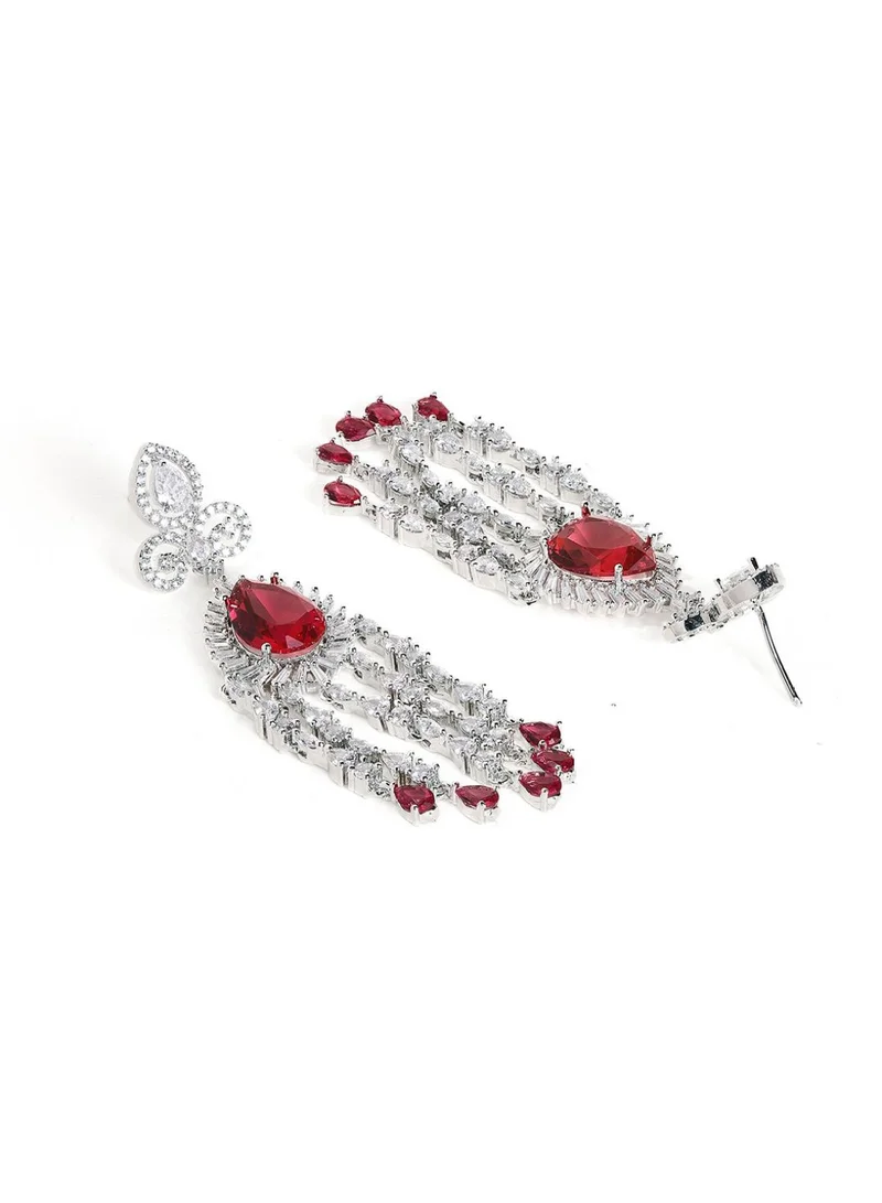 Priyaasi AD-Stone Studded Teardrop Shaped Tasselled Drop Earrings