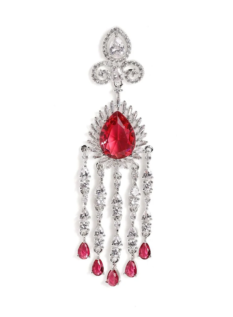 Priyaasi AD-Stone Studded Teardrop Shaped Tasselled Drop Earrings