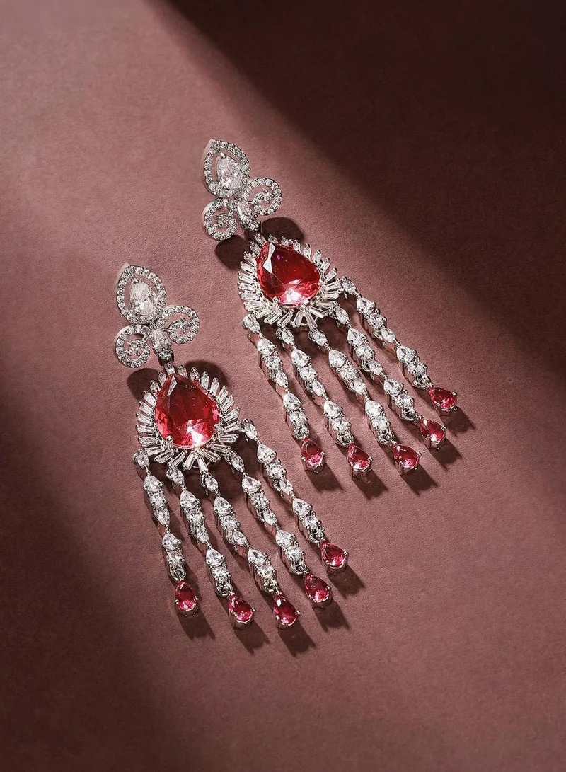 Priyaasi AD-Stone Studded Teardrop Shaped Tasselled Drop Earrings