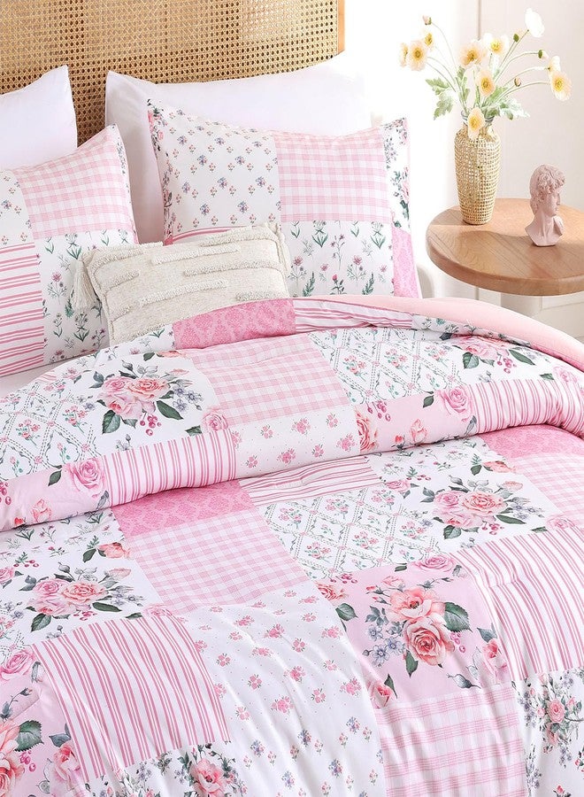 YIKUSH طقم لحاف YIKUSH كوين - لحاف زهري ربيعي وردي فاتح، طقم سرير مريح بنقشة زهور مرقعة، 3 قطع مناسب لجميع الفصول، بنقشة لطيفة، لحاف واحد (90 بوصة × 90 بوصة) و2 غطاء وسادة (20 بوصة × 26 بوصة). - Image 4