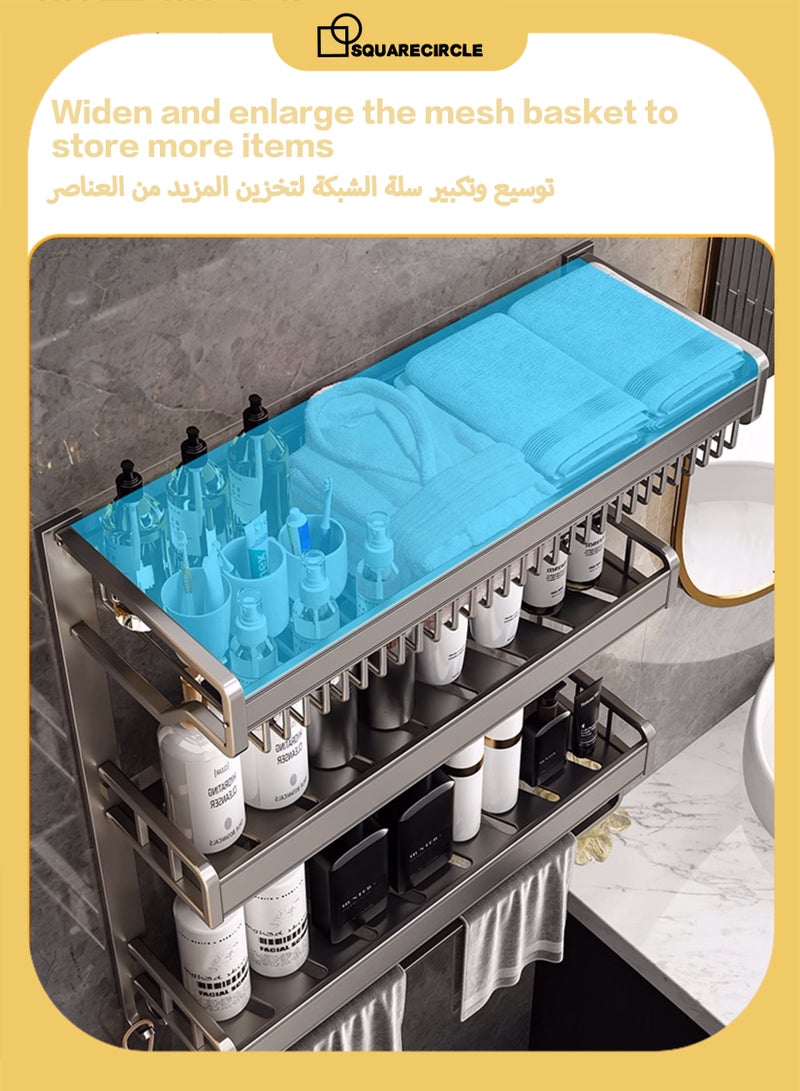 دائرة مربعة رف حائط من الألومنيوم بثلاث طبقات مع قضيب مناشف، رف منظم لتخزين مناشف الحمام بثلاث طبقات - رف منظم للحمام موفر للمساحة، رمادي 57×15×62 سم - Image 5