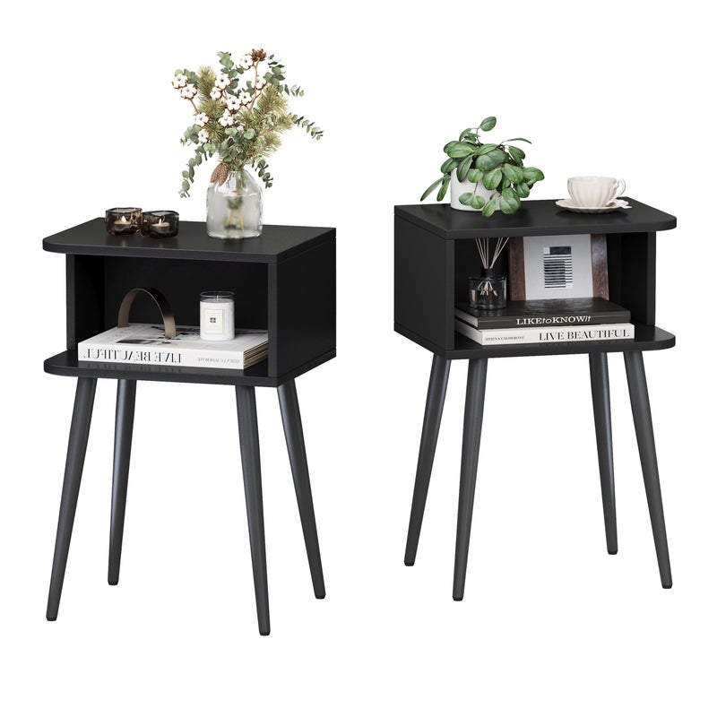 MMEOLUOOK Black Nightstand Set of 2, Small Bed Side Table for Small Spaces, Mid Century Modern Nightstand End Table with Open Storage, Side Table for Bedroom Living Room, MLBZ20B-2 - Image 1