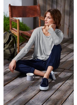 Women Round Neck Long Sleeve Heather Top, Grey