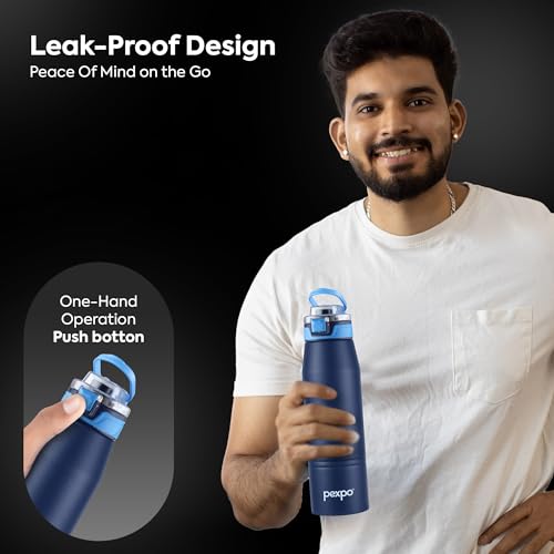 Pexpo Atlas 800 ISI Certified Stainless Steel Vacuum Insulated Flask - 740ml | Double Wall | Flip Top Cap | Hot & Cold Water Bottle for Adults | Ideal for Home, Office, Gym, Outdoor - Denim Blue - Image 5