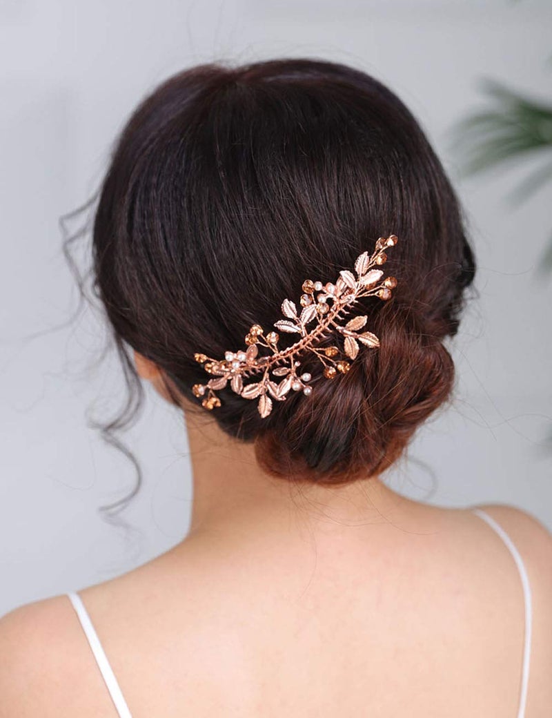 Denifery Rose Gold Bridal Hair Comb Clip Leaf Wedding Headpiece Pearl Rhinestone Hair Comb Rose Gold Hair Accessory for Bridal Bridesmaid Women