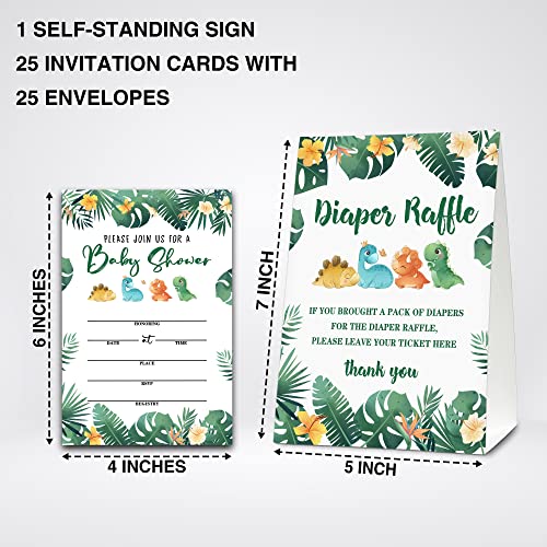 DETIHO 25 Dinosaur Baby Shower Invitation Cards With Envelopes (4" x 6") - 1 Diaper Raffle Self-Standing Sign With 25 Game Cards & 25 Book Request Cards - a05 - Image 2