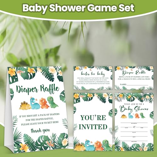 DETIHO 25 Dinosaur Baby Shower Invitation Cards With Envelopes (4" x 6") - 1 Diaper Raffle Self-Standing Sign With 25 Game Cards & 25 Book Request Cards - a05 - Image 5