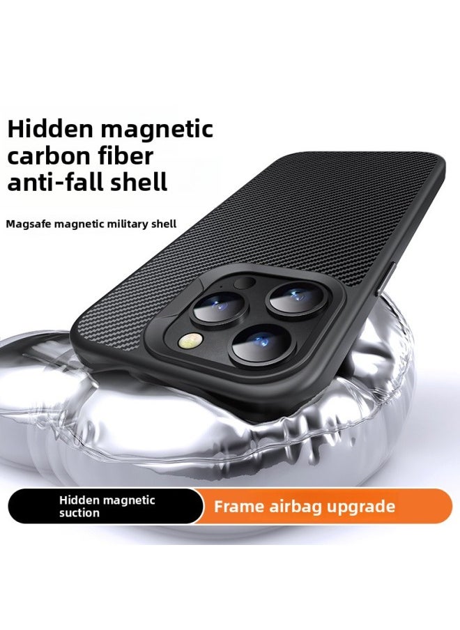 Generic - Suitable For IPhone16Promax Carbon Fiber Pattern Mobile Phone Case Magnetic Suction Wireless Charging Apple 15 All-inclusive Anti-drop Protective Case-Color:Black [pc Lens Frame]-Applicable Models:iPhone15Pro - Image 1