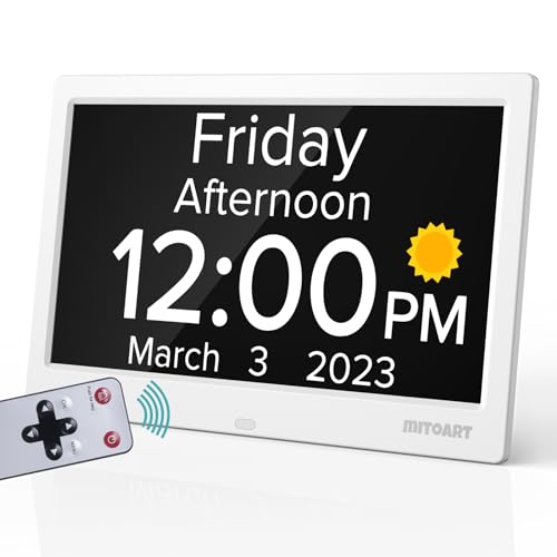 Mitoart 101 Inch Digital Alarm Clock with Date and Day of Week for Dementia Seniors Clear Large Screen Multiple Alarm Sets Auto DST Designed Specifically for Elderly  White - Image 1