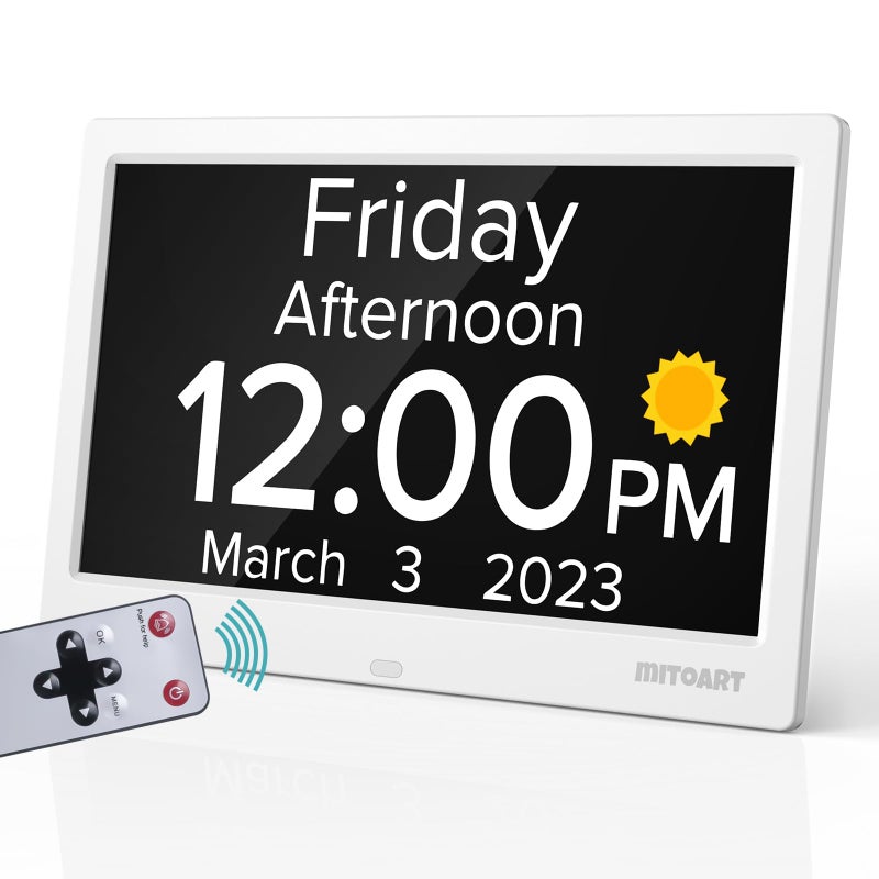 Mitoart 101 Inch Digital Alarm Clock with Date and Day of Week for Dementia Seniors Clear Large Screen Multiple Alarm Sets Auto DST Designed Specifically for Elderly  White - Image 3