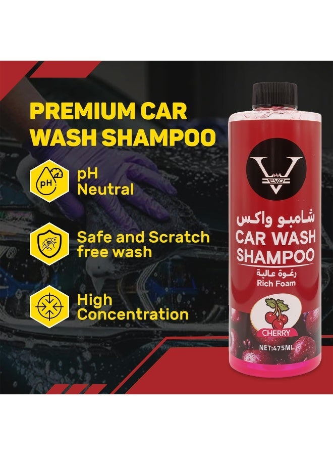 EVO Car Wash Shampoo 475ml Cherry Fragrance Rich Foam Car Cleaning Liquid Removes Dirt Grime Debris High Foam Vehicle Wash Shampoo for Cars Bikes Exterior Cleaning - Image 2