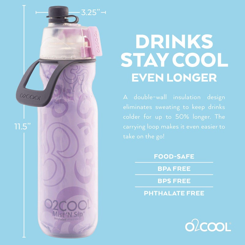 O2COOL Mist 'N Sip Misting Water Bottle 2-in-1 Mist And Sip Function With No Leak Pull Top Spout Reusable Sports Water Bottle - 20 oz (Yoga Lilac) - Image 1