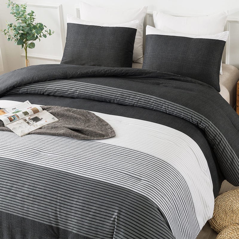Andency Queen Comforter Set Black3 Pieces Black White Gray Patchwork Striped Comforter 90x90 Inch Soft Microfiber Down Alternative Queen Comforter Bedding Sets with Corner Loops