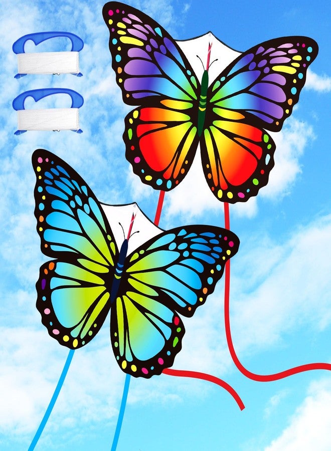 Silipull 2 Pcs Kites Butterfly Kite 55 x 28 Large Kites with 328ft String Colorful Beach Kite for Adults Beginner Outdoor Supplies(Rainbow and Blue) - Image 1