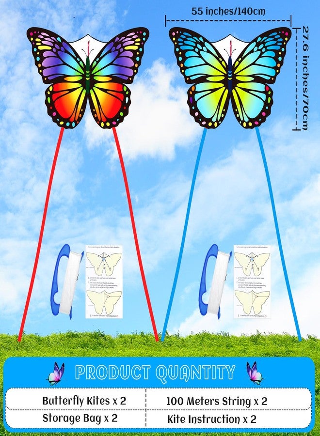 Silipull 2 Pcs Kites Butterfly Kite 55 x 28 Large Kites with 328ft String Colorful Beach Kite for Adults Beginner Outdoor Supplies(Rainbow and Blue) - Image 2