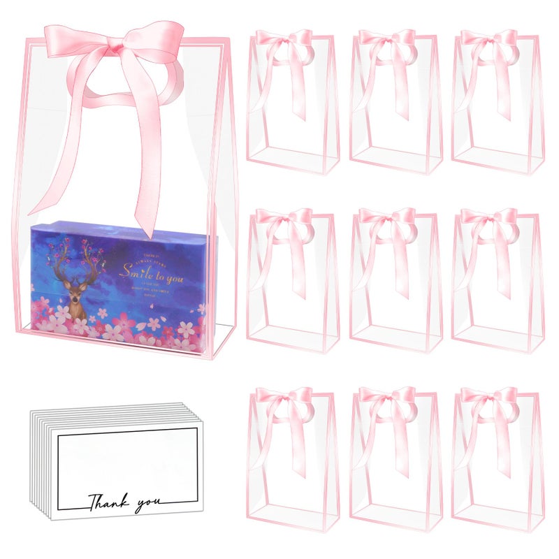 Philbinden 15Pack Clear Plastic Gift Bags with Handle,Reusable PP Gift Wrap Tote Bags with Ribbon for Wedding Bridal Birthday Party Baby Shower Goodies Graduation Shopping Business, 7x10x3.15 Inch (Pink) - Image 1