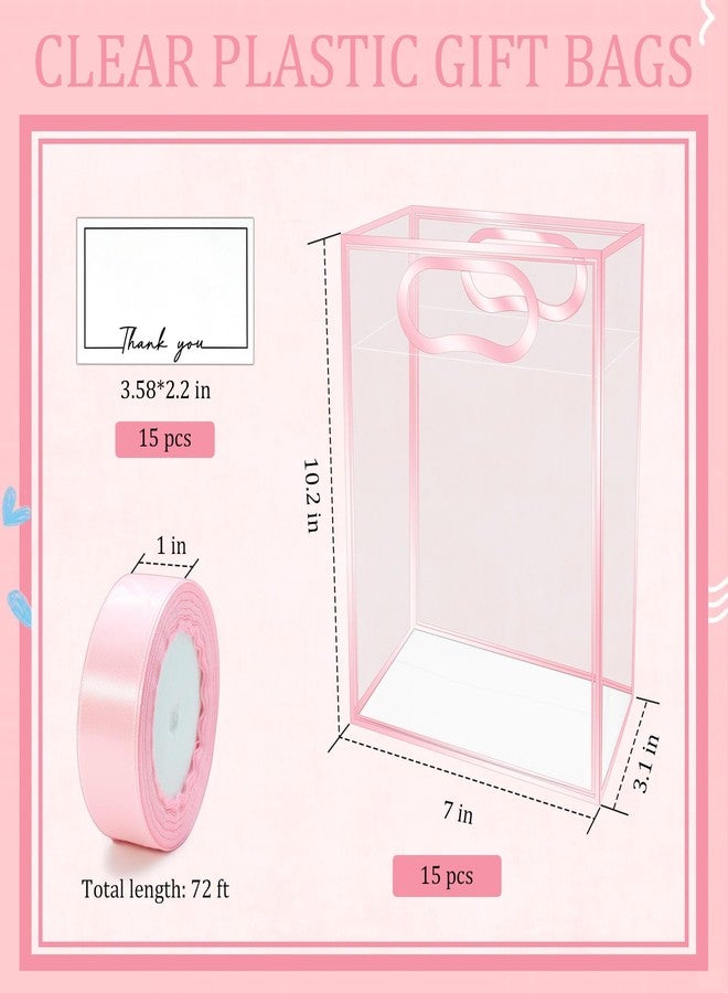 Philbinden 15Pack Clear Plastic Gift Bags with Handle,Reusable PP Gift Wrap Tote Bags with Ribbon for Wedding Bridal Birthday Party Baby Shower Goodies Graduation Shopping Business, 7x10x3.15 Inch (Pink) - Image 2