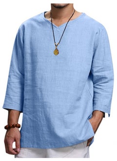 S SYMEFER Mens Linen Shirts V-Neck Cotton Grandad Shirt Long Sleeve Tops Hippie T Shirts Tops Blouse Loose Fit Basic Tunic Tops Casual Office Work Shirt, Blue-L  - Image 1