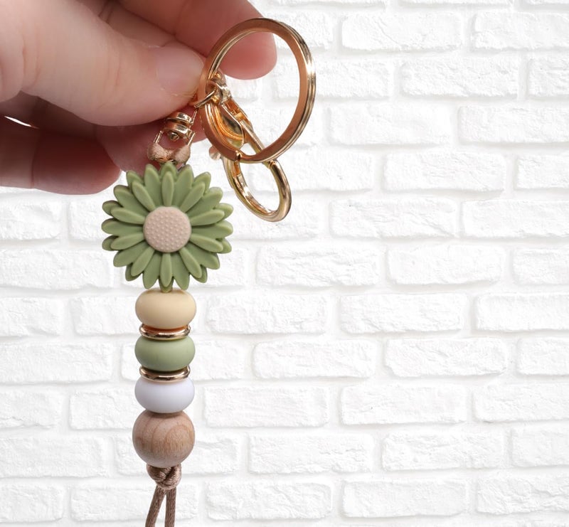MyfavoriteK Flower Cute Silicone Beads Keychain for Women Girls Beaded Key Ring Holder for Car Keys Purse Charm Backpack (Green) - Image 2