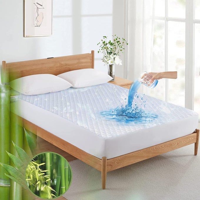 BAMBOO COOLING DUSTPROOF WATERPROOF COTTON FITTED MATTRESS PROTECTOR WITH SKIRT FITTED DOUBLE BED