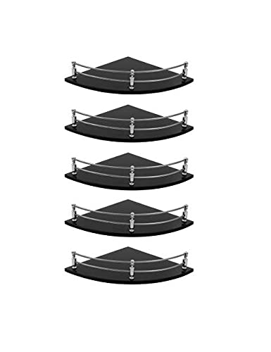 AMPEX Black Glass Corner Shelf for Bathroom and Kitchen Shelf Bathroom Accessories | Kitchen Shelves | Wall Shelf | Storage Shelf | Glass Shelves - 7.5 X 7.5 Inches - Black (Pack of 5) - Image 1