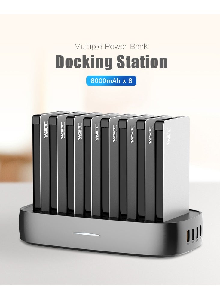 WST - WST Powerbanks Charger Station 8in1 Portable Battery Pack Built In Cable Compatible with Lightning USB-C Micro USB Fast Charging Compact Slim 8000mAh Compatible with iPhone Samsung iPad (Black) - Image 1