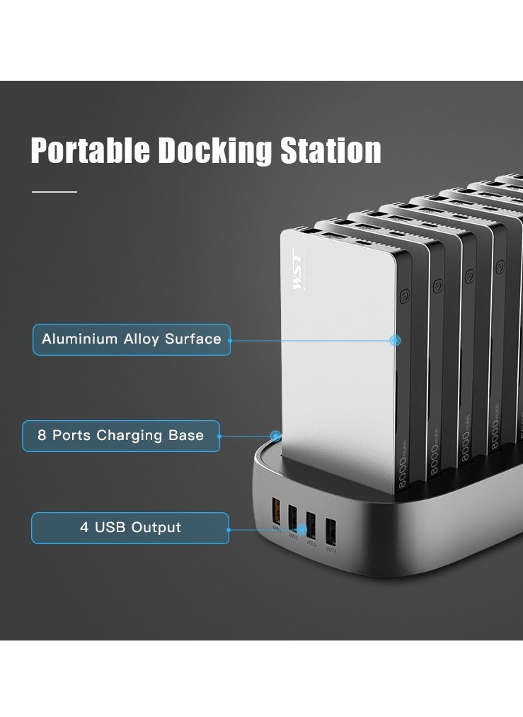 WST - WST Powerbanks Charger Station 8in1 Portable Battery Pack Built In Cable Compatible with Lightning USB-C Micro USB Fast Charging Compact Slim 8000mAh Compatible with iPhone Samsung iPad (Black) - Image 1