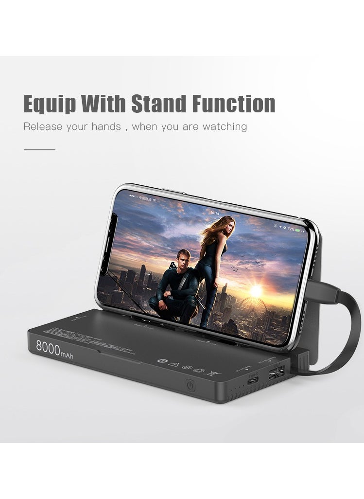 WST - WST Powerbanks Charger Station 8in1 Portable Battery Pack Built In Cable Compatible with Lightning USB-C Micro USB Fast Charging Compact Slim 8000mAh Compatible with iPhone Samsung iPad (Black) - Image 1