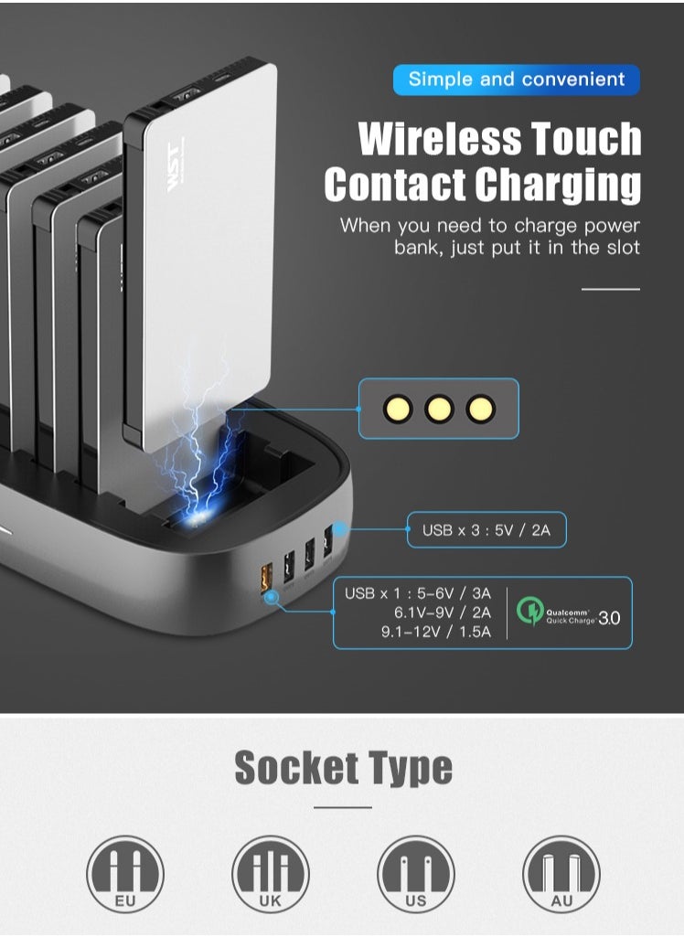 WST - WST Powerbanks Charger Station 8in1 Portable Battery Pack Built In Cable Compatible with Lightning USB-C Micro USB Fast Charging Compact Slim 8000mAh Compatible with iPhone Samsung iPad (Black) - Image 1