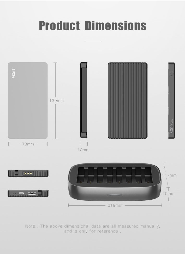 WST - WST Powerbanks Charger Station 8in1 Portable Battery Pack Built In Cable Compatible with Lightning USB-C Micro USB Fast Charging Compact Slim 8000mAh Compatible with iPhone Samsung iPad (Black) - Image 1