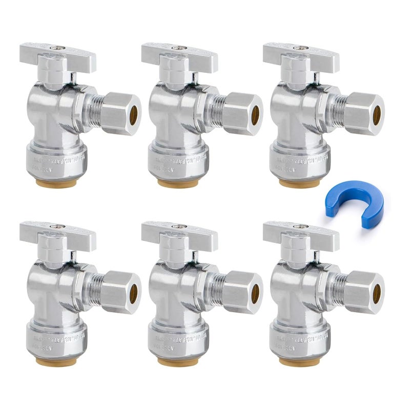 KAINGA 6 Pack Angle Stop Valve 12 PTC x 38 OD Compression Toilet Water Shut Off Valve for PEX Copper CPVC Pipe QuarterTurn Push to Connect Brass Plumbing Fitting with Disconnect Clip - Image 2