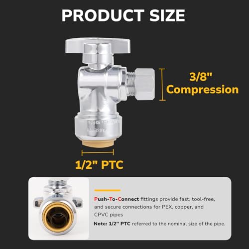 KAINGA 6 Pack Angle Stop Valve 12 PTC x 38 OD Compression Toilet Water Shut Off Valve for PEX Copper CPVC Pipe QuarterTurn Push to Connect Brass Plumbing Fitting with Disconnect Clip - Image 3