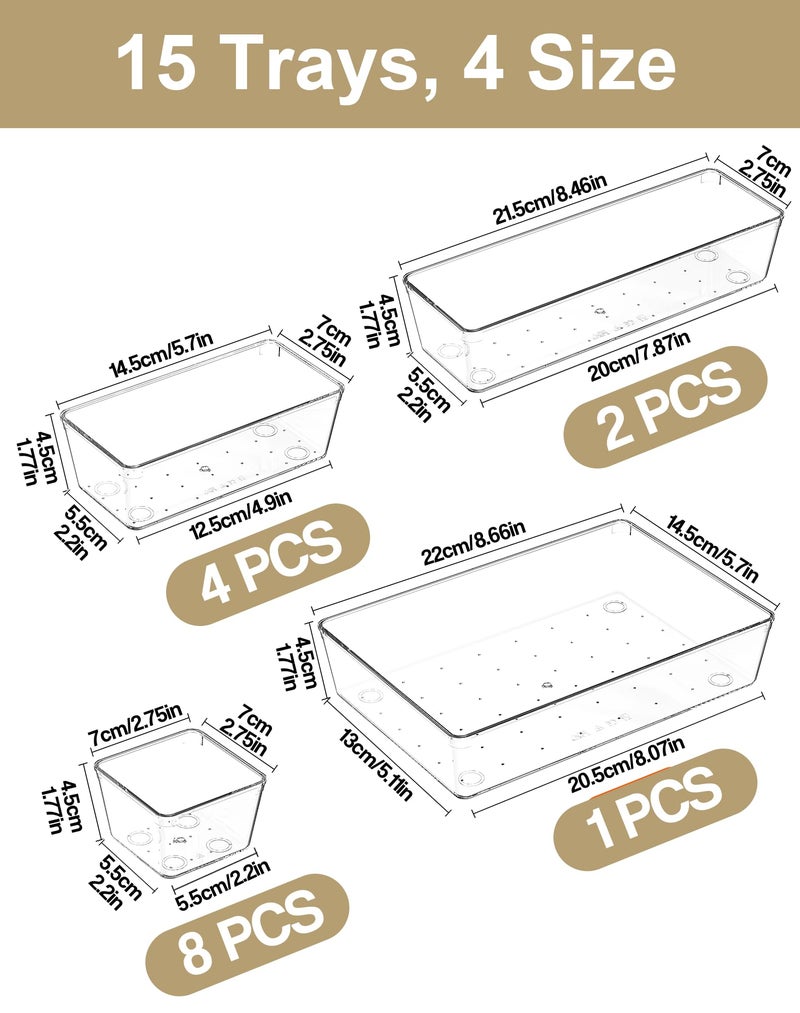 VEXTHYX 15Pcs Clear Plastic Drawer Organizers Set, 4size makeup drawer organizer trays for vanity/desk/bathroom/office/nightstand/gadgets for kitchen/desk drawer, Versatile drawer divider storage bins - Image 3