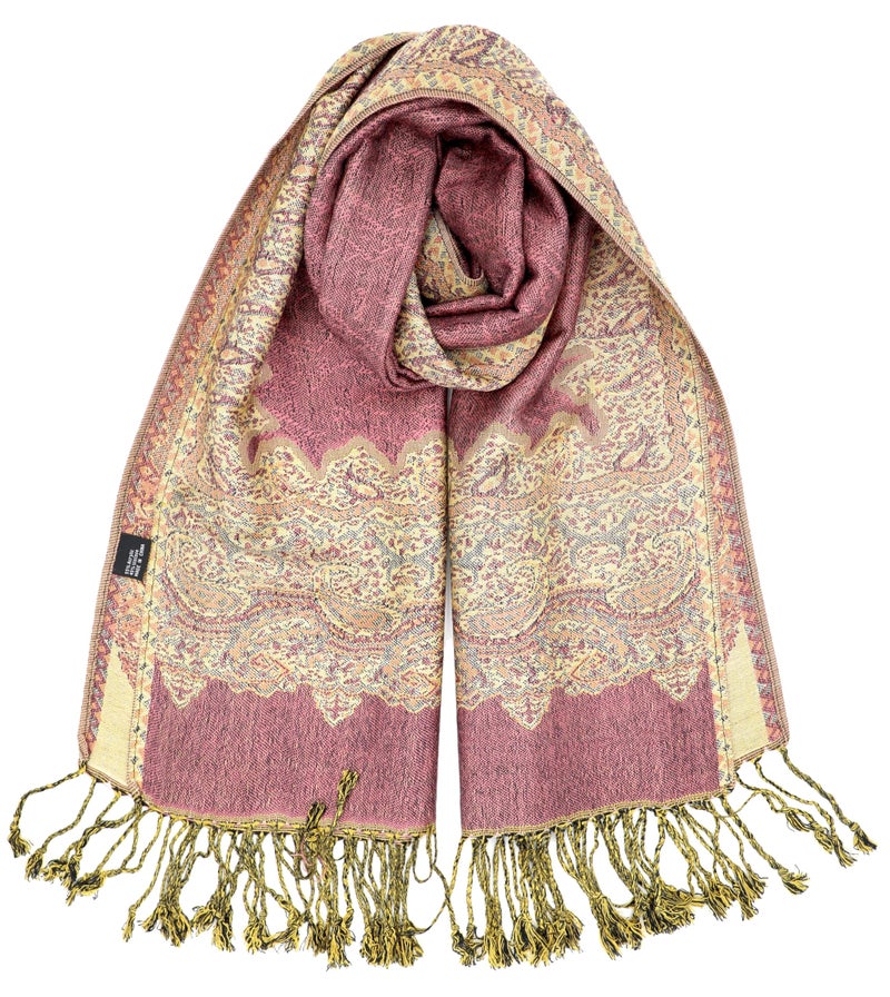 Achillea Soft Silky Reversible Paisley Pashmina Shawl Wrap Scarf w/Fringes (Border Orchid) - Image 1