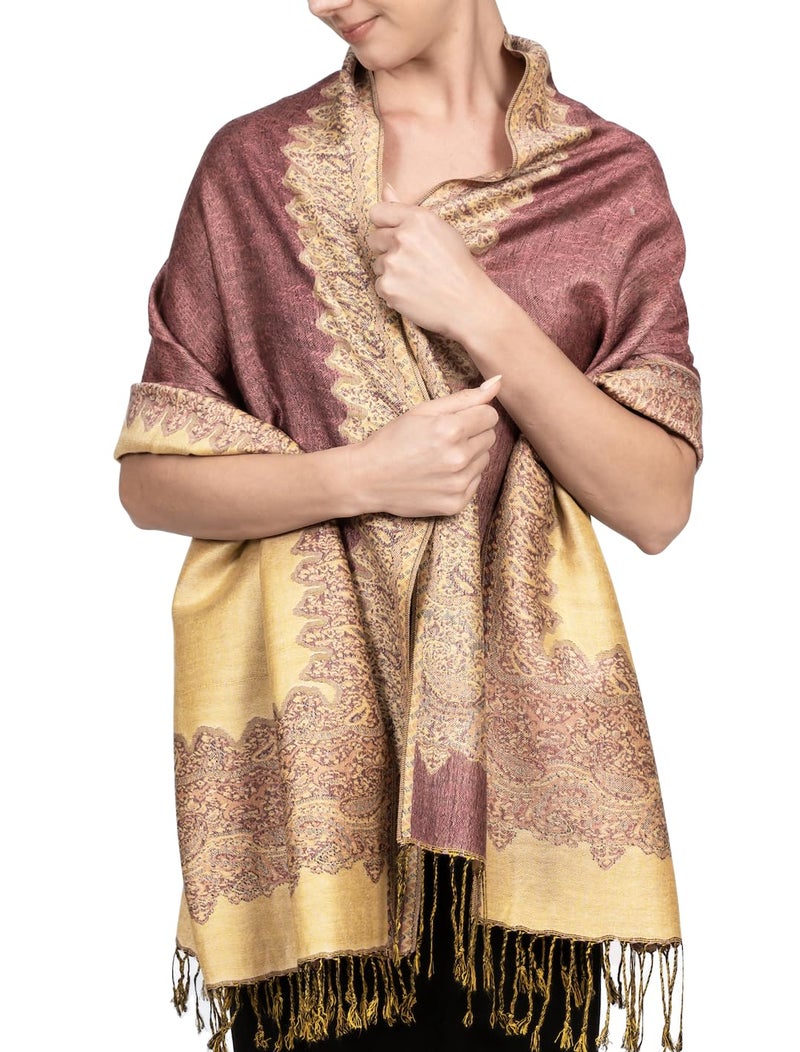 Achillea Soft Silky Reversible Paisley Pashmina Shawl Wrap Scarf w/Fringes (Border Orchid) - Image 3