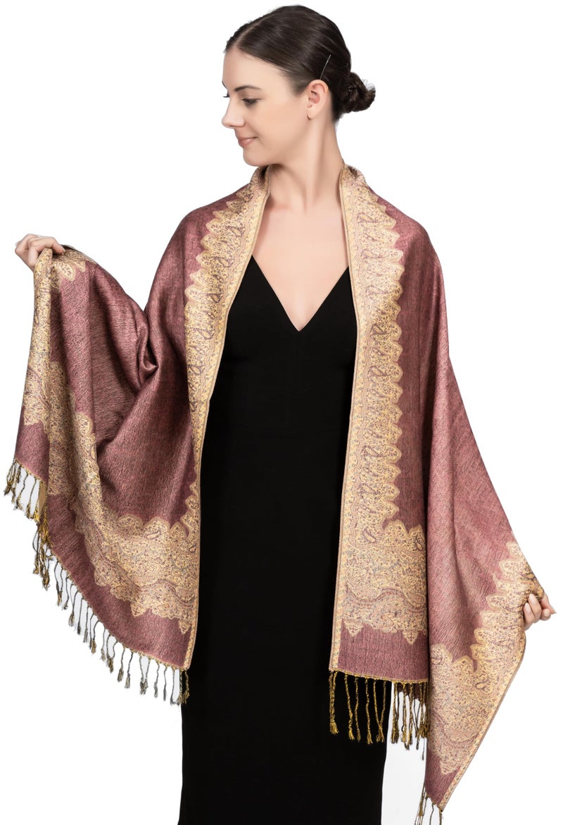 Achillea Soft Silky Reversible Paisley Pashmina Shawl Wrap Scarf w/Fringes (Border Orchid) - Image 2