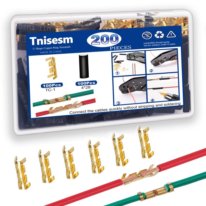 Tnisesm 200Pcs U Shape Copper Ring Terminals,Open Barrel Crimp Terminals with Heat shrinkable Tube, Butt Connector â€‹for Electricity Automotive - Image 1