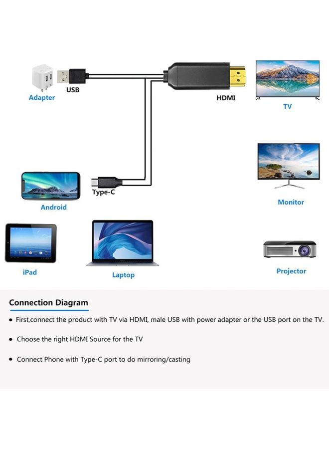USB 3.1 Type-C to HDMI MHL 4K HD Video Digital Converter Cord for Android Phone to Monitor Projector TV(Black)