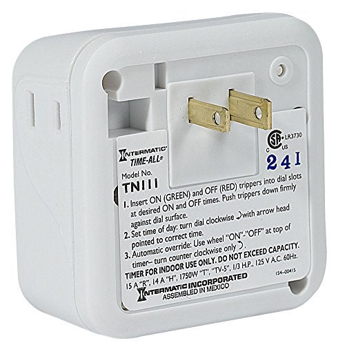 Intermatic مؤقت داخلي Intermatic TN111K بقدرة 15 أمبير - تحكم متعدد الاستخدامات على مدار 24 ساعة - تجاوز يدوي سهل وتصميم بمقبس ثنائي الشوكة (عبوة واحدة) - Image 4