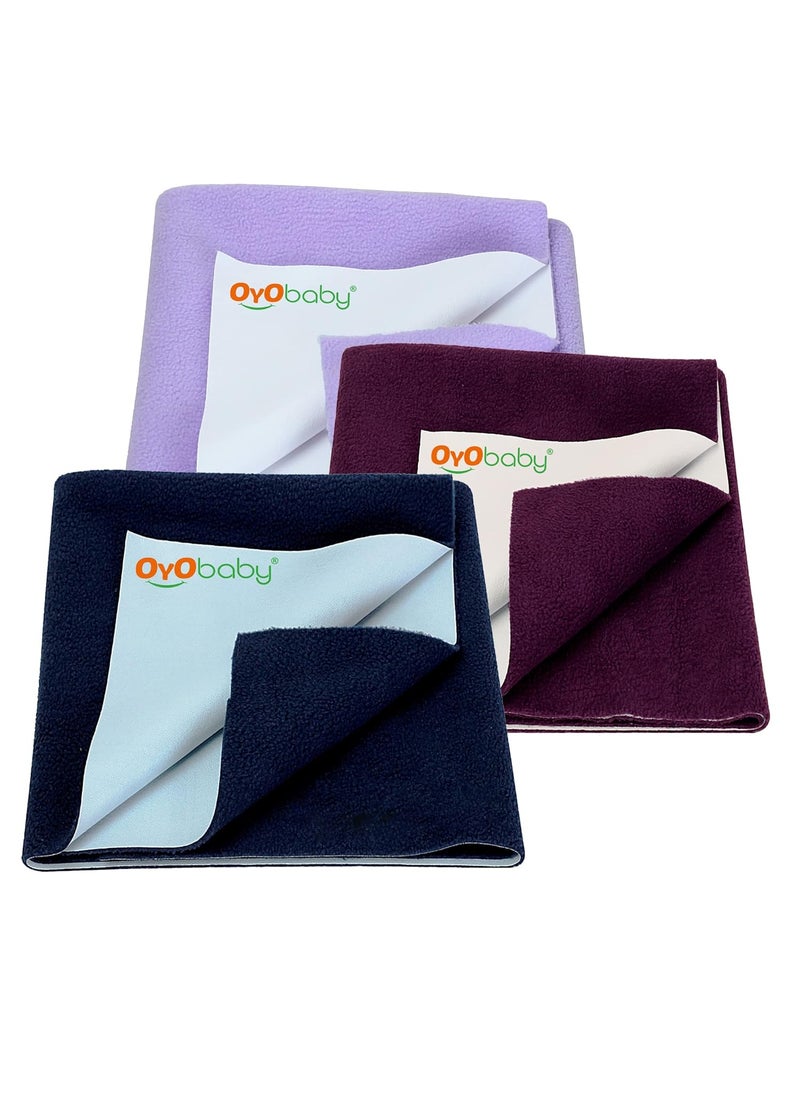 OYO BABY - OYO BABY Cotton Anti-Piling Fleece Extra Absorbent Instant Dry Sheet for Baby, Baby Bed Protector, Waterproof Baby Sheet, Large Size (100x140cm-Pack of 3 Dark Blue, Plum & Violet - Image 1