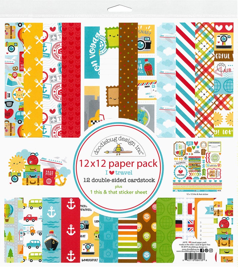 DOODLEBUG DESIGN INC 6418 I Heart Travel Paper 12X12 Pack