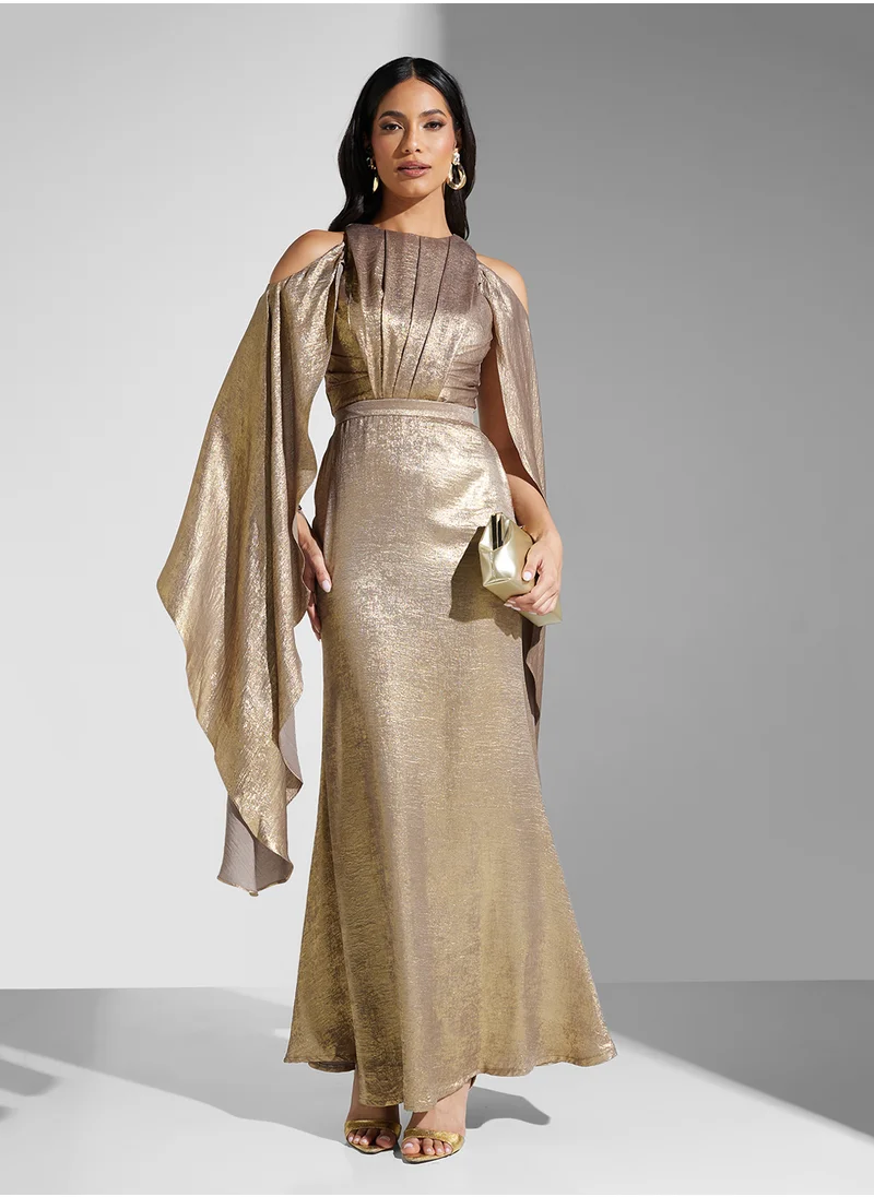 Namshi x Cold Shoulder Metallic Dress With Cape Sleeves