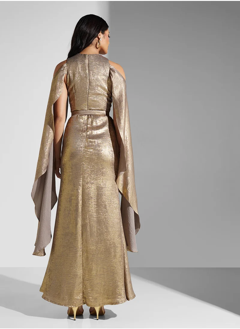 Namshi x Cold Shoulder Metallic Dress With Cape Sleeves